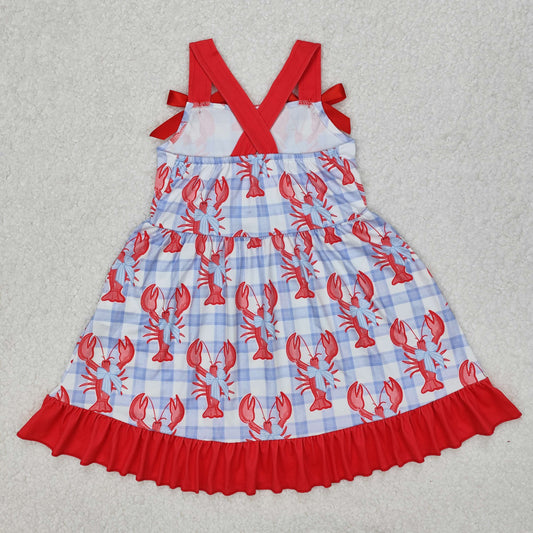 GSD1968 Red lobster Bow Blue Plaid Ruffle Sleeveless Dress Girls Boutique clothes 202503 RTS