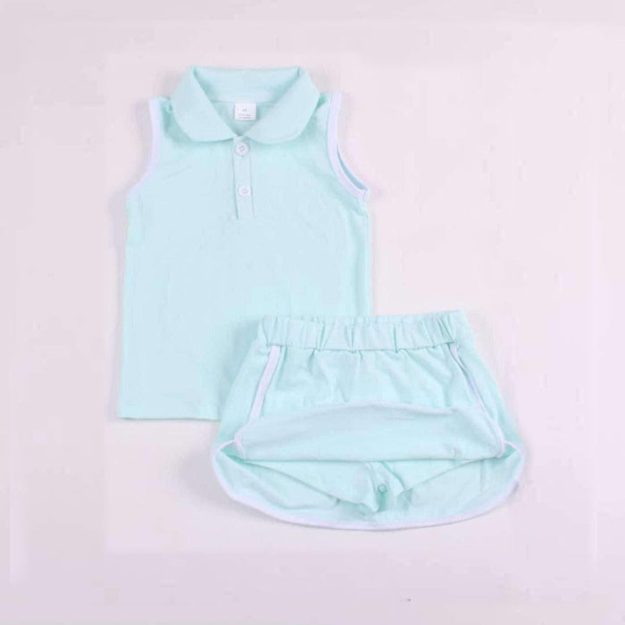 GSD1973 Pure Cotton Suit Blue Polo Sleeveless Top Skirts Shorts Set Girls Boutique Summer clothes 202503 RTS