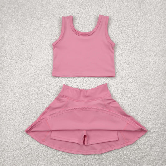 GSD1978 Yoga Outfit Baby Girls Sports clothes Rose Pink Sleeveless top skirts shorts Girls Boutique Summer clothes 202504 RTS