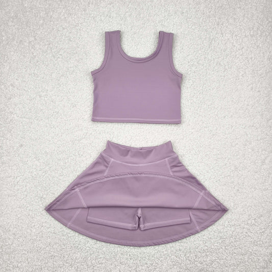 GSD1980 Yoga Outfit Baby Girls Sports clothes Grey Purple Sleeveless top skirts shorts Girls Boutique Summer clothes 202504 RTS