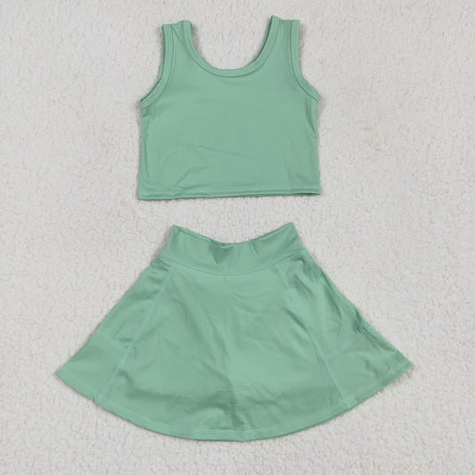 GSD1984 Yoga Outfit Baby Girls Sports clothes Pea Green Sleeveless top skirts shorts Girls Boutique Summer clothes 202504 RTS