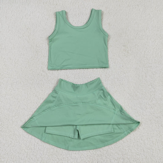 GSD1984 Yoga Outfit Baby Girls Sports clothes Pea Green Sleeveless top skirts shorts Girls Boutique Summer clothes 202504 RTS