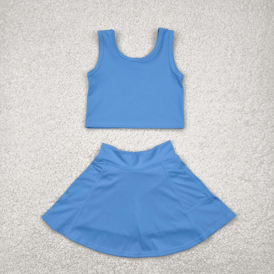 GSD1985 Yoga Outfit Baby Girls Sports clothes Sky Blue Sleeveless top skirts shorts Girls Boutique Summer clothes 202504 RTS