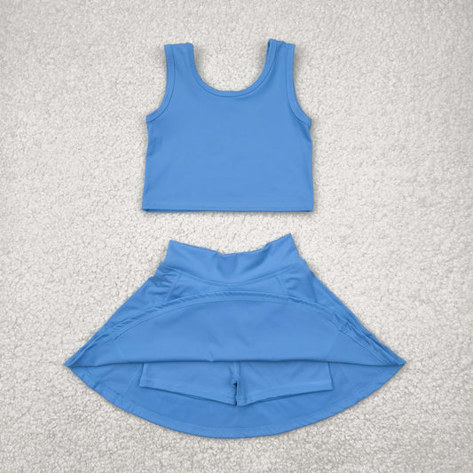 GSD1985 Yoga Outfit Baby Girls Sports clothes Sky Blue Sleeveless top skirts shorts Girls Boutique Summer clothes 202504 RTS