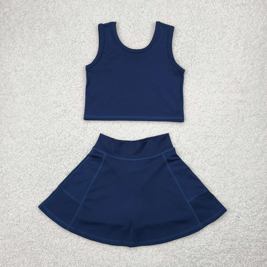 GSD1987 Yoga Outfit Baby Girls Sports clothes Pure Dark Blue Sleeveless top skirts shorts Girls Boutique Summer clothes 202504 RTS