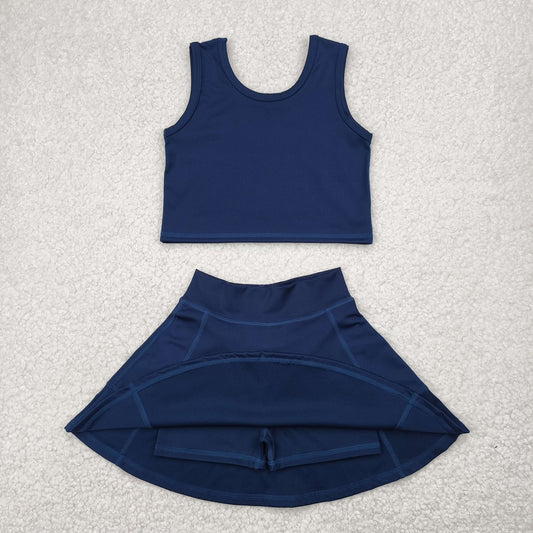 GSD1987 Yoga Outfit Baby Girls Sports clothes Pure Dark Blue Sleeveless top skirts shorts Girls Boutique Summer clothes 202504 RTS