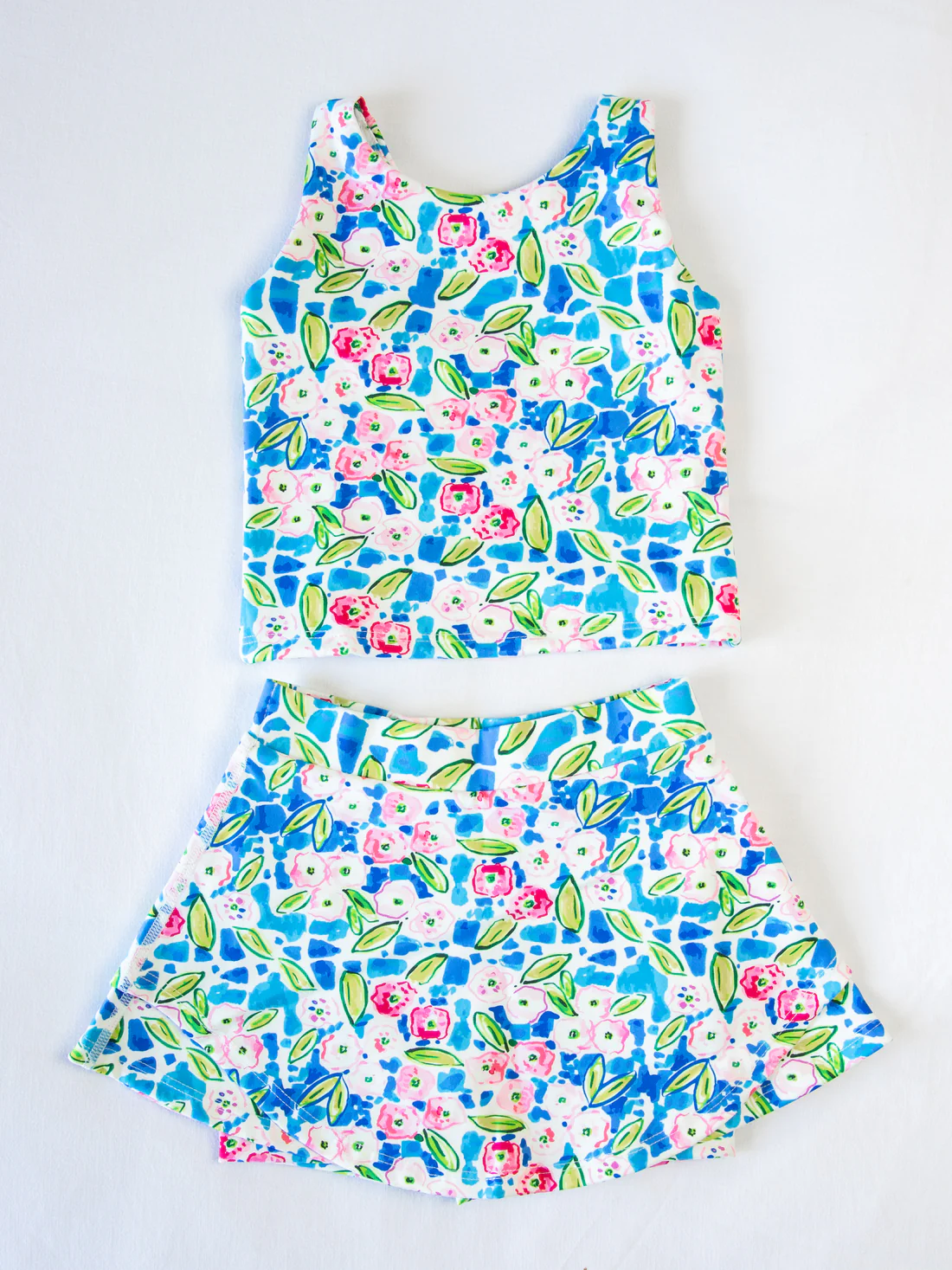 GSD1988 Yoga Outfit Blue Pink Flower Sleeveless Vest Skirts Shorts Girls Boutique Outfits 202503 RTS