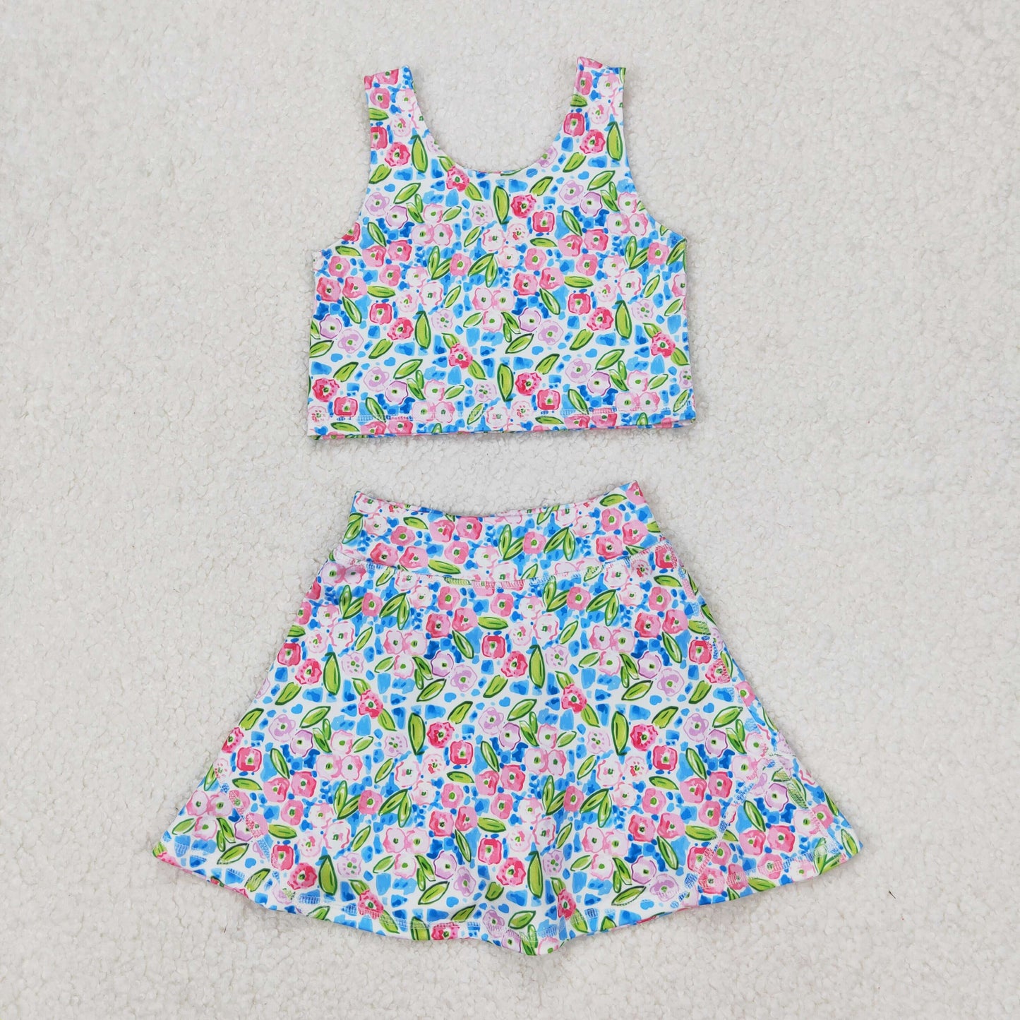GSD1988 Yoga Outfit Blue Pink Flower Sleeveless Vest Skirts Shorts Girls Boutique Outfits 202503 RTS