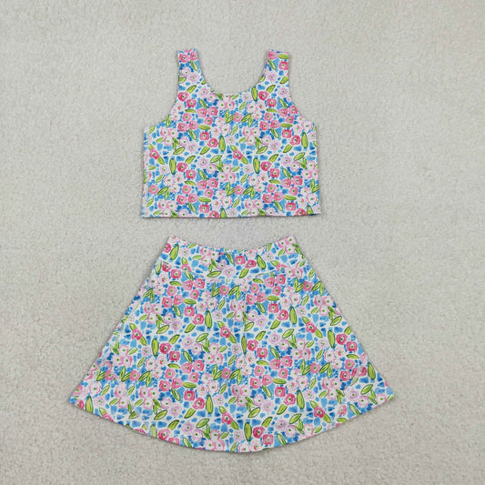 NEW GSD1988 Flower Leaf Blue Sleeveless Vest Skirts Shorts Girls Yoga Sets 202602 RTS
