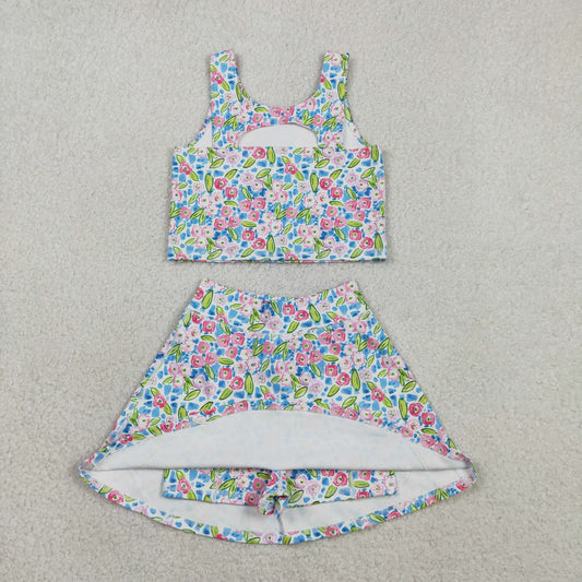 NEW GSD1988 Flower Leaf Blue Sleeveless Vest Skirts Shorts Girls Yoga Sets 202602 RTS
