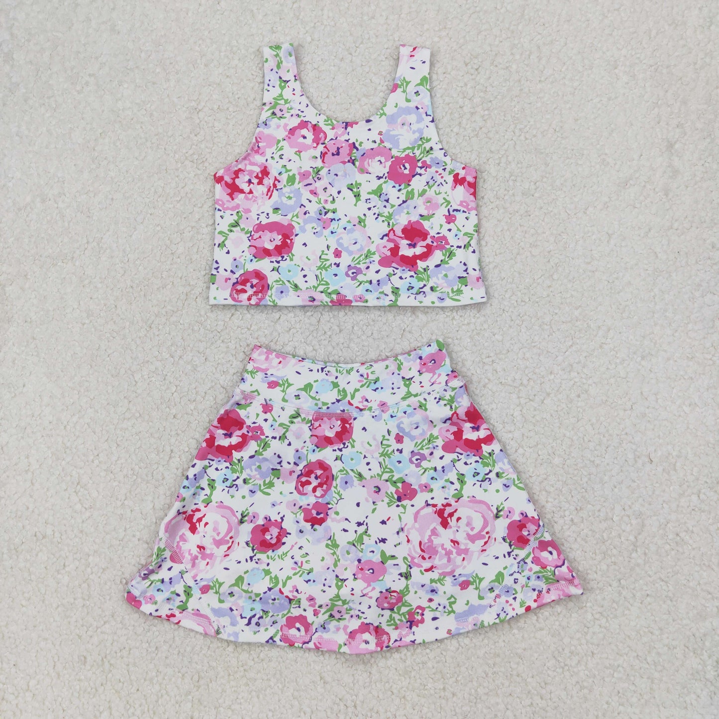 GSD1989 Yoga Outfit Pink Purple Flower Leaf Sleeveless Vest skirts shorts Girls Boutique Summer clothes 202504 RTS