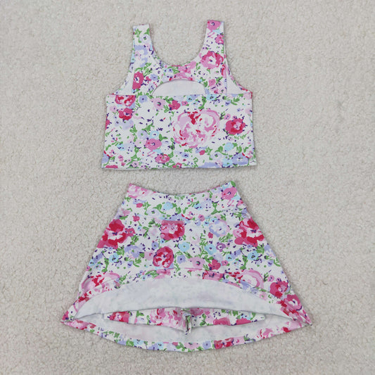 GSD1989 Yoga Outfit Pink Purple Flower Leaf Sleeveless Vest skirts shorts Girls Boutique Summer clothes 202504 RTS