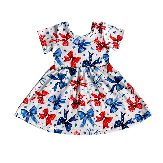 Preorder GSD1993 4th of July Blue Red Star Bow short sleeve dress Girls Boutique Summer clothes 202502