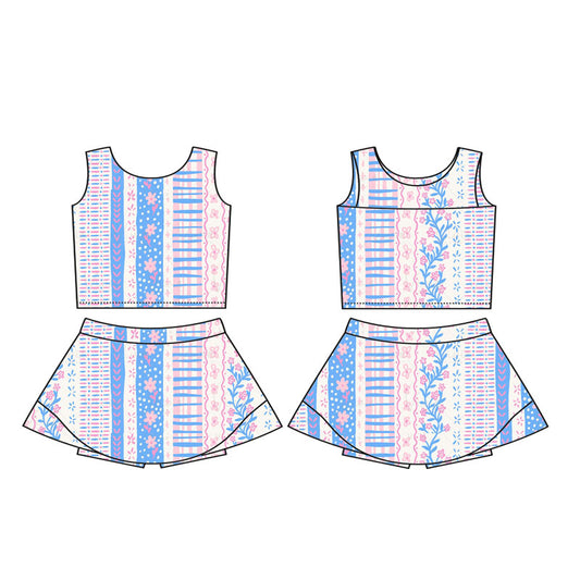 Preorder GSD1995 Yoga Outfit Baby Girls clothes Blue flower refreshing sleeveless top skirts shorts Girls Boutique Summer clothes 202502