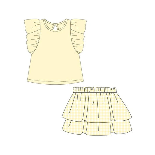 Preorder GSD1997 Pure yellow ruffle sleeveless top skirts set Girls Boutique Summer clothes 202502