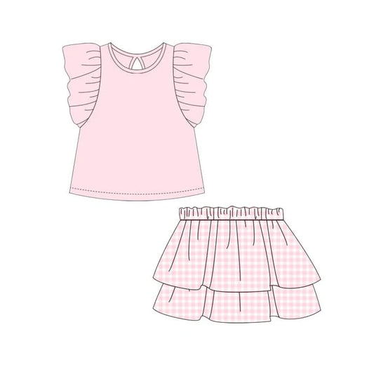 Preorder GSD1998 Pure pink ruffle sleeveless top skirts set Girls Boutique Summer clothes 202502