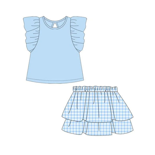 Preorder GSD1999 Pure blue ruffle sleeveless top skirts set Girls Boutique Summer clothes 202502
