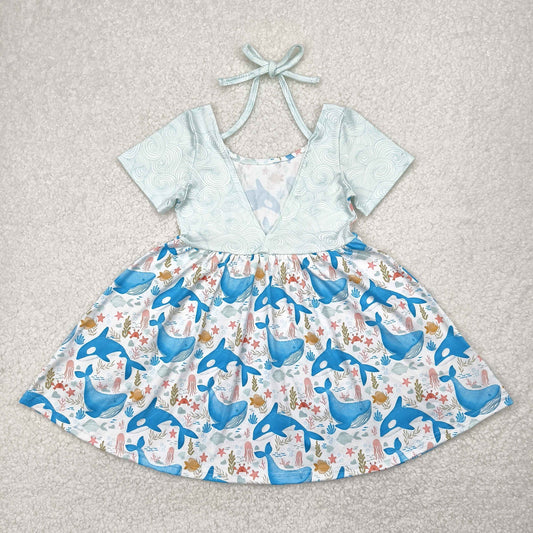GSD2011 Whale jellyfish starfish White Blue Short Sleeve dress girls boutique outfit 202504 RTS
