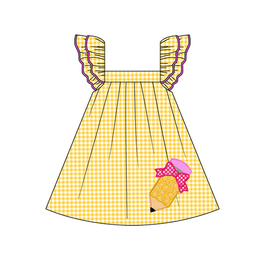 GSD2012 Back to school Yellow Plaid Pencil Bow Fly Sleeve dress girls boutique outfit 202503 RTS