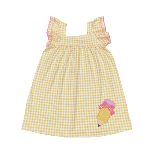 GSD2012 Back to school Yellow Plaid Pencil Bow Fly Sleeve dress girls boutique outfit 202503 RTS