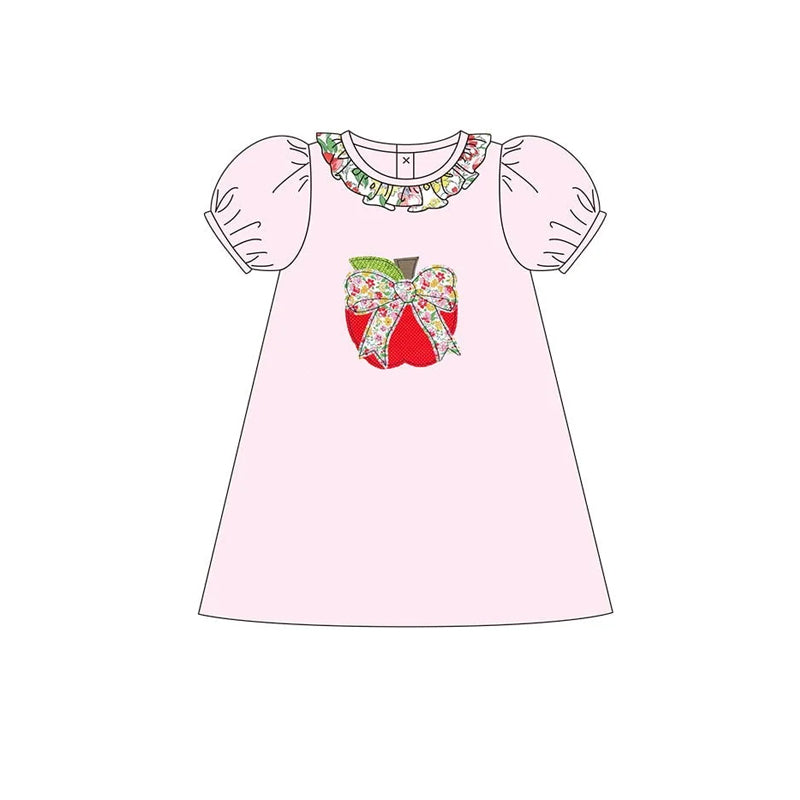 Preorder GSD2015 Hot Pink Flower Bow Apple Ruffled short sleeve dress Girls Boutique Summer clothes 202502 RTS