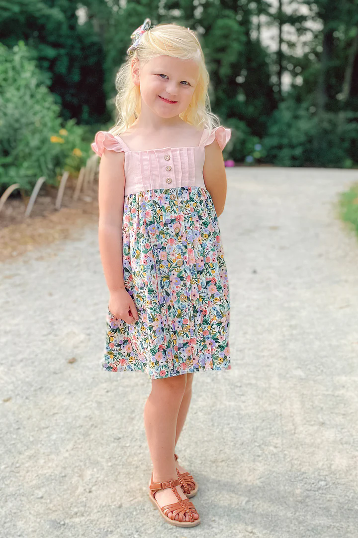 Preorder GSD2019 Pink Green Flower leaf flying sleeve dress Girls Boutique Summer clothes 202502 RTS