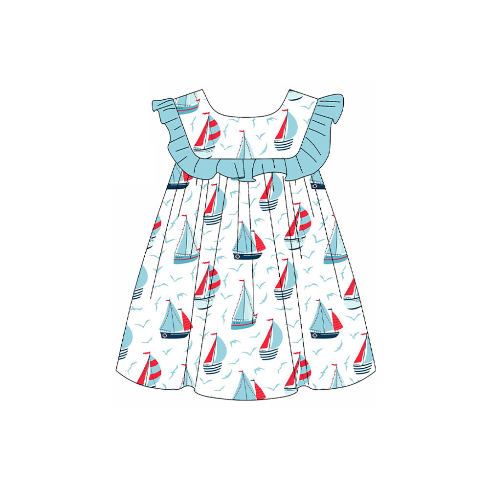 Preorder GSD2021 Easter Boutique Blue sailboat ruffled flying sleeve dress Girls Boutique Summer clothes 202502