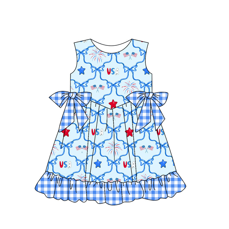 Preorder GSD2030 Blue plaid bow flag National day sleeveless dress Girls Boutique Summer clothes 202502