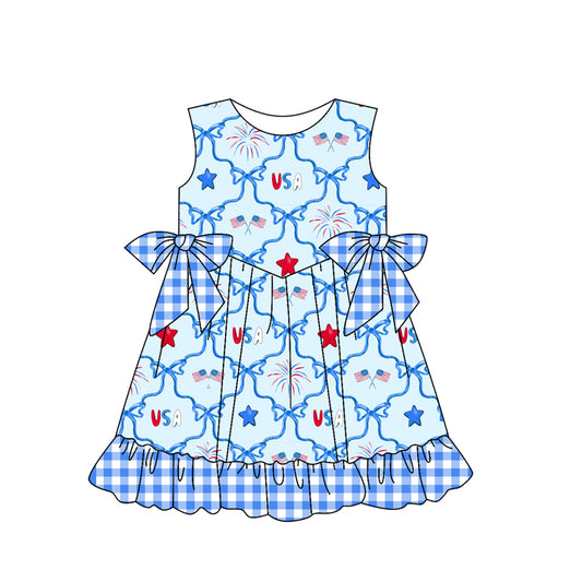 Preorder GSD2030 Blue plaid bow flag National day sleeveless dress Girls Boutique Summer clothes 202502