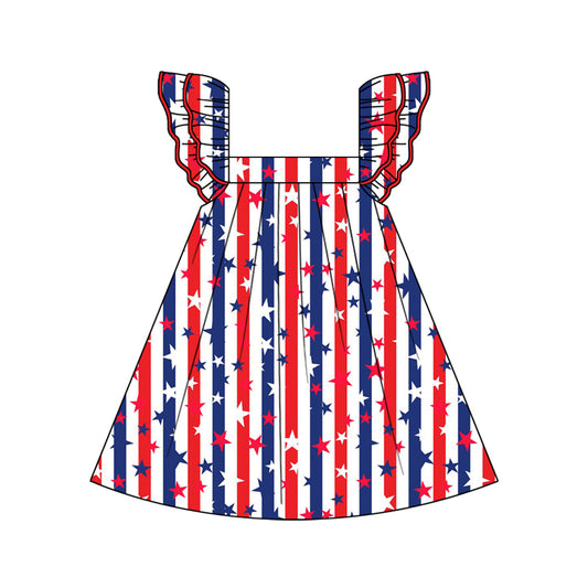 Preorder GSD2031 Navy Blue Red star striped National day flying sleeve dress Girls Boutique Summer clothes 202502