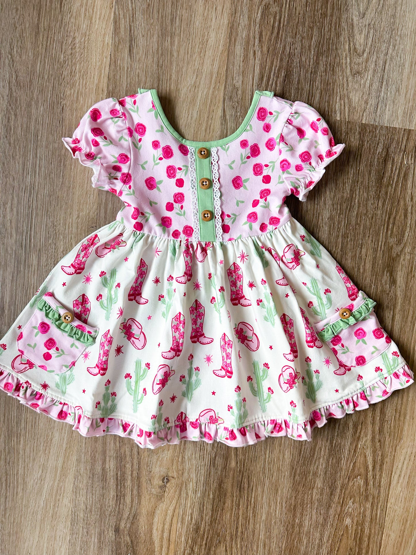 Preorder GSD2038 Hot pink Green Flower dot short sleeve dress Girls Boutique Summer clothes 202502