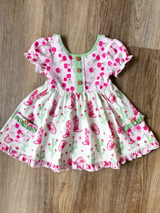Preorder GSD2038 Hot pink Green Flower dot short sleeve dress Girls Boutique Summer clothes 202502