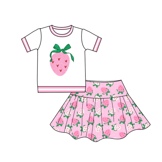 Preorder GSD2039 white hot pink strawberry bow short sleeve top skirts sets Girls Boutique Summer clothes 202502