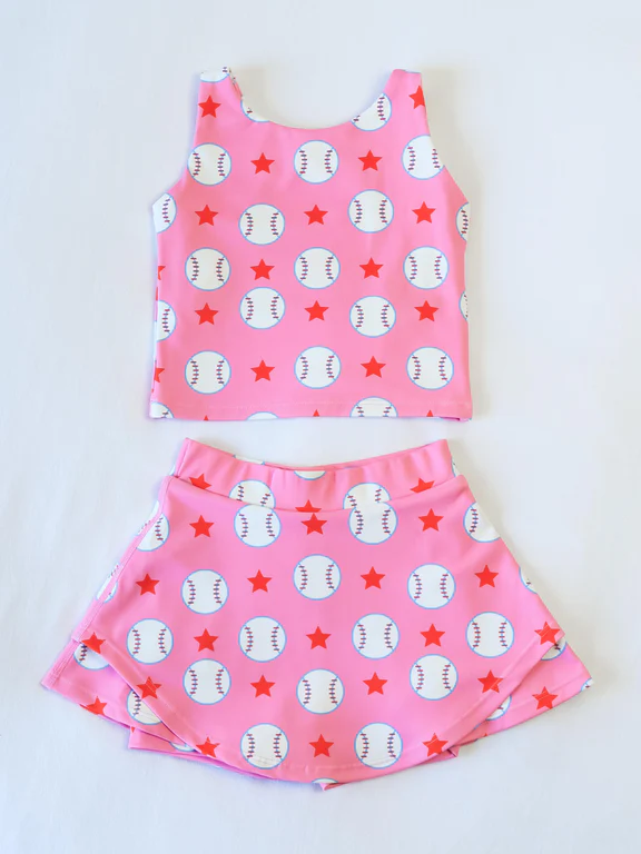 Preorder GSD2041 Yoga Outfit Baby Girls clothes Hot Pink baseball sleeveless top skirts shorts Girls Boutique Summer clothes 202502