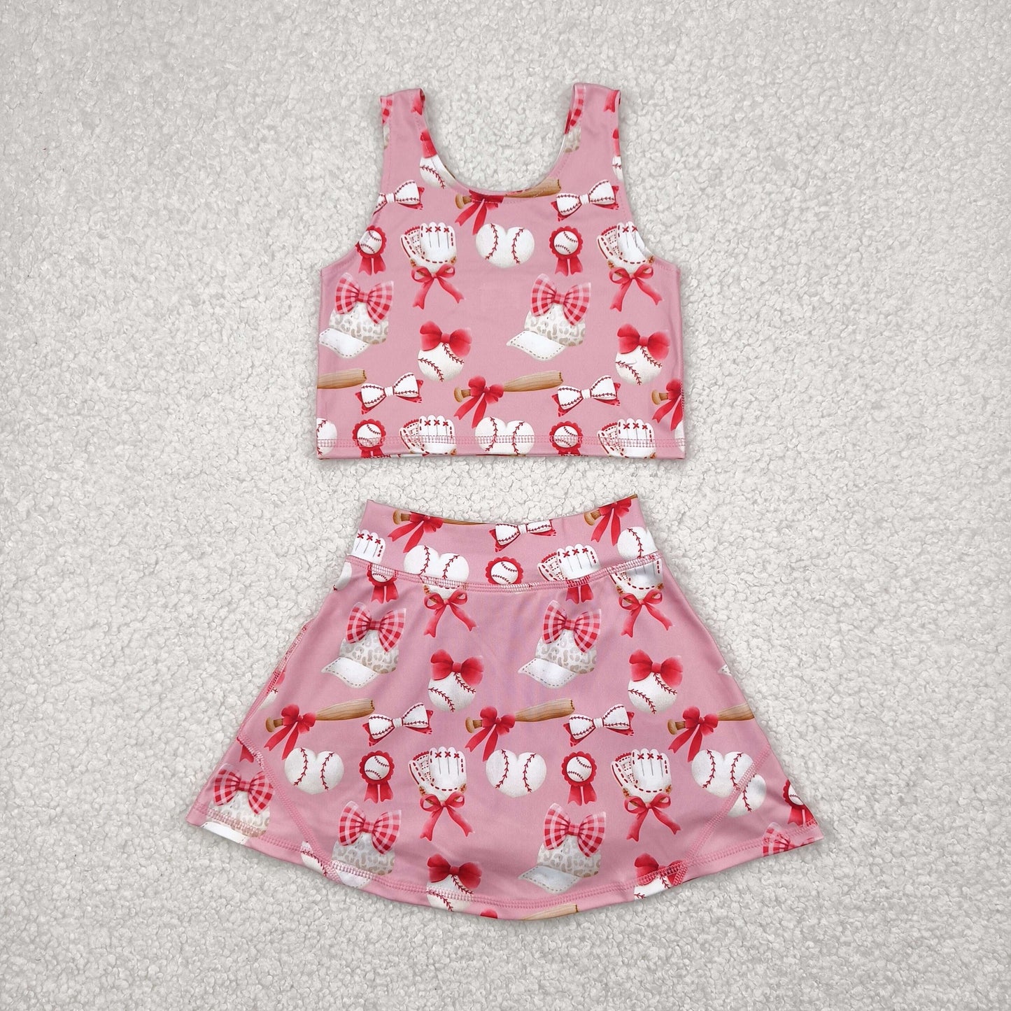 GSD2044 Yoga Outfit Red Pink bows baseball sleeveless top skirts shorts Girls Boutique Summer clothes 202502