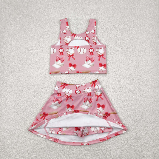 GSD2044 Yoga Outfit Red Pink bows baseball sleeveless top skirts shorts Girls Boutique Summer clothes 202502