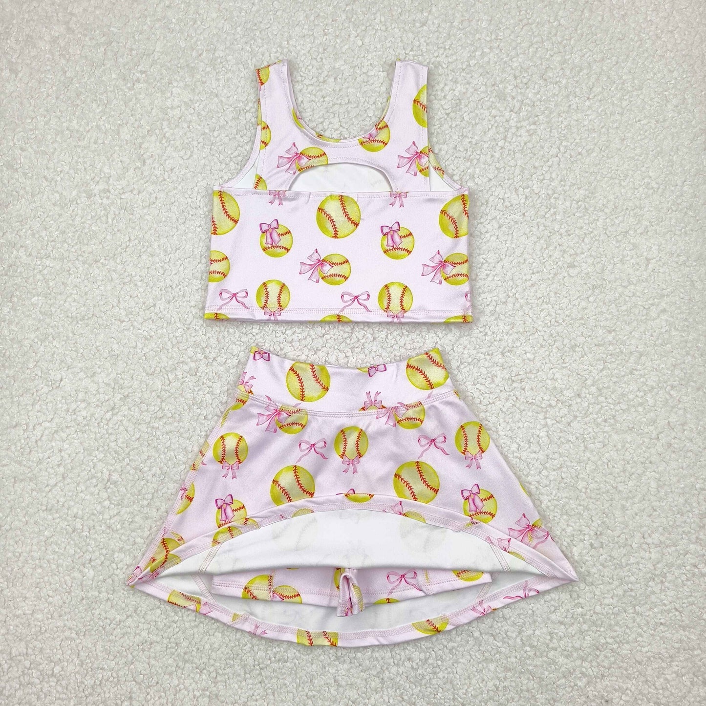 GSD2045 Yoga Outfit Purple Pink bows baseball sleeveless top skirts shorts Girls Boutique Summer clothes 202504 RTS