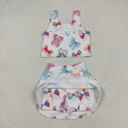 GSD2046 Yoga Outfit Colored bows Beige sleeveless top skirts shorts Girls Boutique Summer clothes 202505 RTS