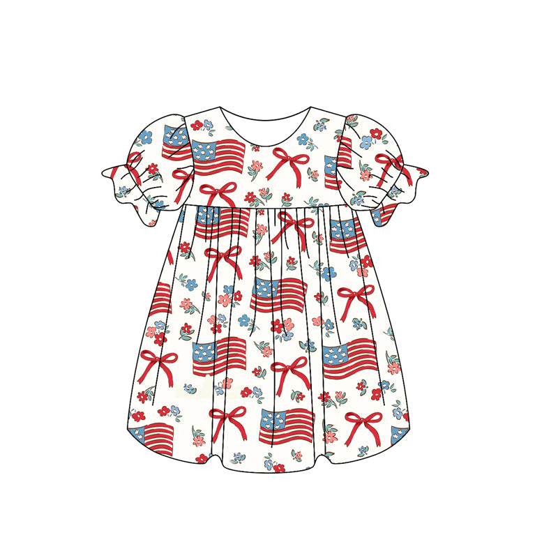 Preorder GSD2052 USA National Day Flower Bows Flag Red Blue short sleeve dress Girls Boutique Summer outfit 202502