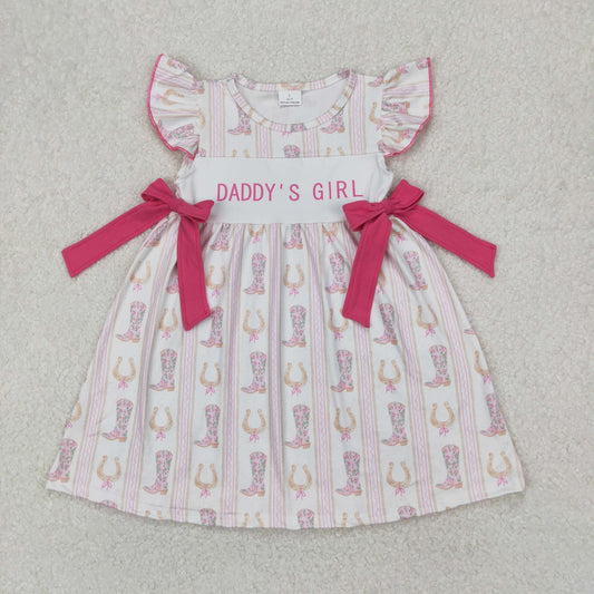 GSD2053 Daddys girl Rose Red Bows Stripe Ruffle Fly Sleeve Dress Girls Boutique Summer Outfits 202504 RTS