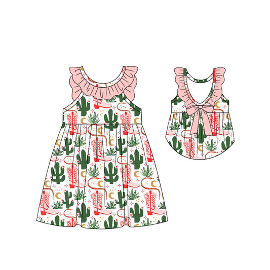 Preorder GSD2056 Pink Green western rodeo cowgirl ruffle cactus boots Doll collar sleeveless dress Girls Boutique Summer outfit 202502