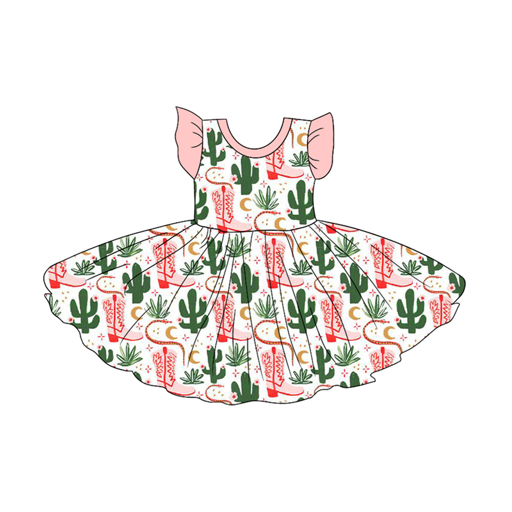 Preorder GSD2057 Pink Green western rodeo cowgirl ruffle cactus boots flying sleeve dress Girls Boutique Summer outfit 202502