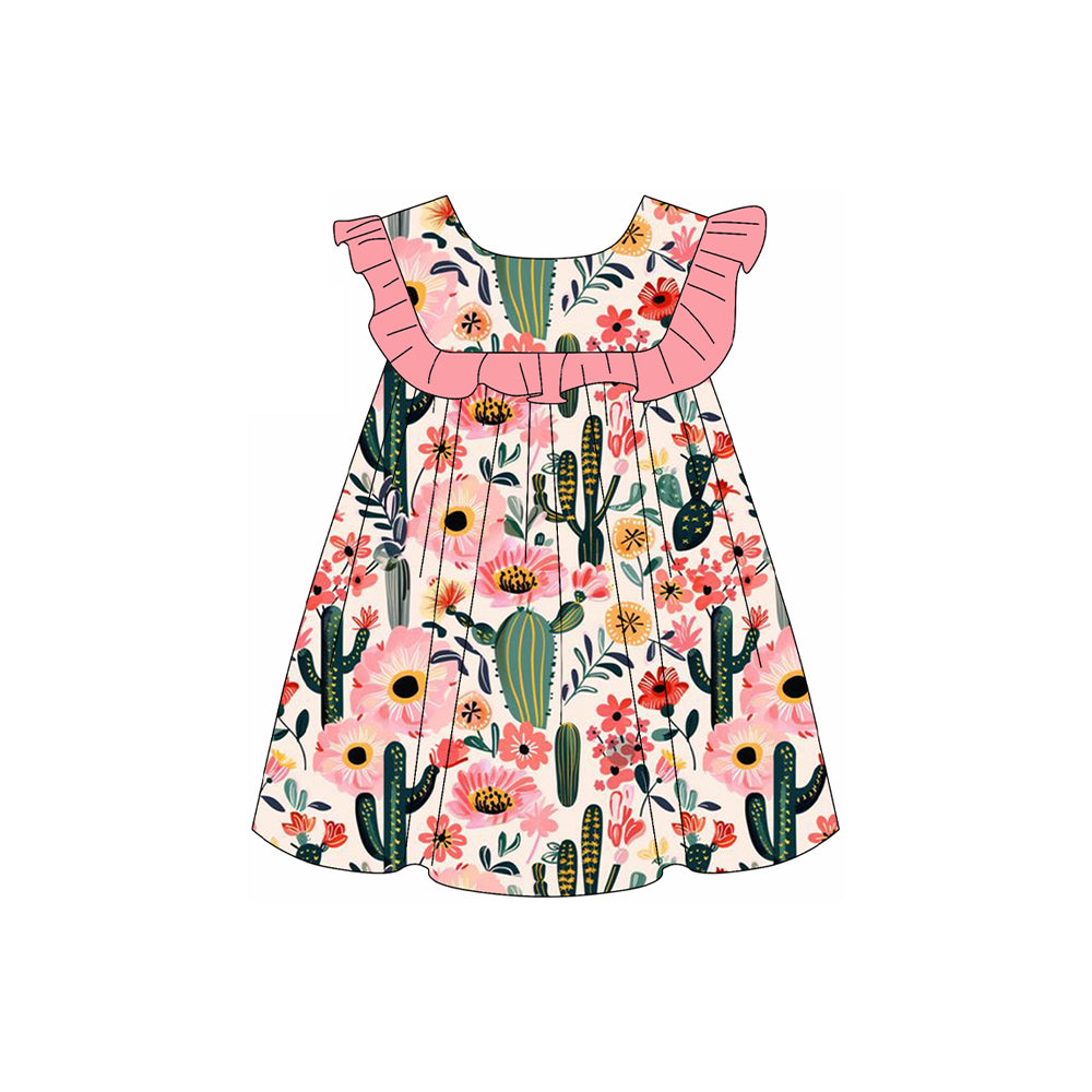 Preorder GSD2058 Pink Green western rodeo cowgirl ruffle cactus sunflowers sleeveless dress Girls Boutique Summer outfit 202502