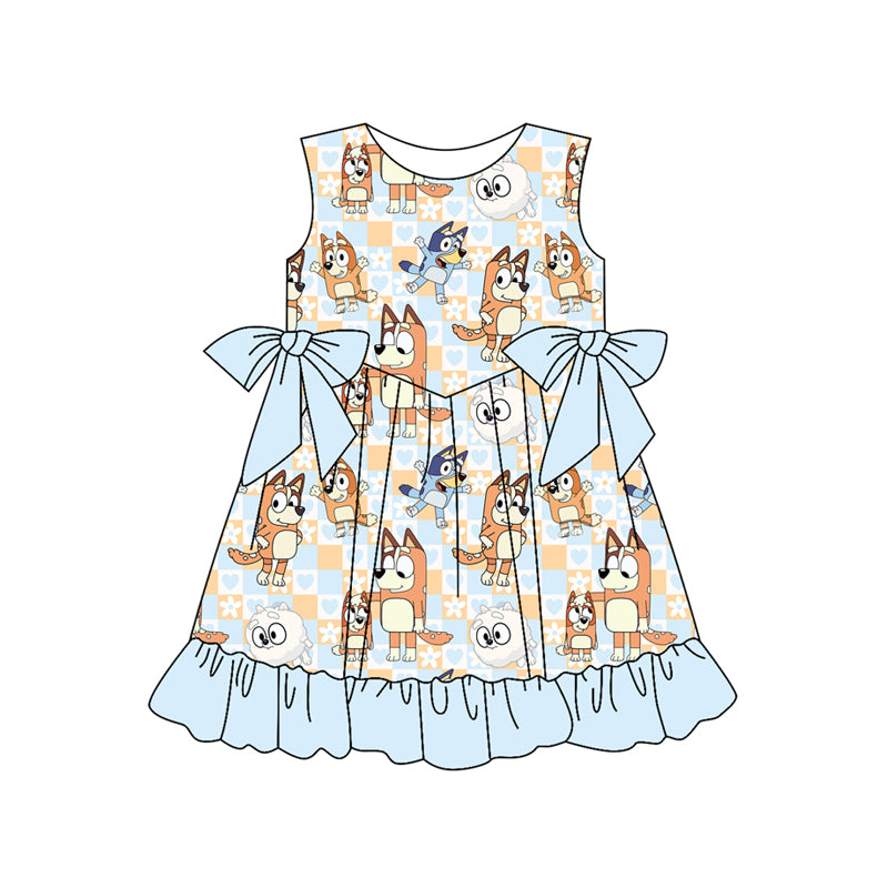 Preorder GSD2059 Blue Cartoon Bluey bows lace sleeveless dress Girls Boutique Summer outfit 202502