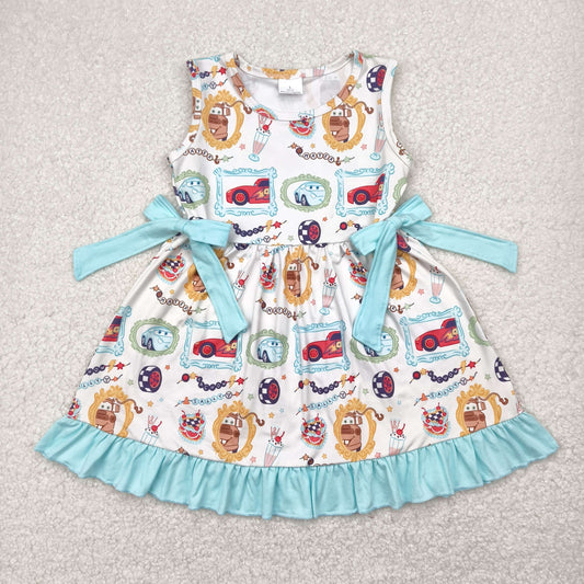 GSD2061 Mint Green Cartoon cars bows sleeveless dress Girls Boutique Summer outfit 202504 RTS