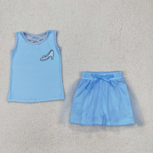 GSD2063 Blue High-heeled shoes Milk silk sleeveless top skirts shorts Girls Boutique Summer clothes 202503 RTS