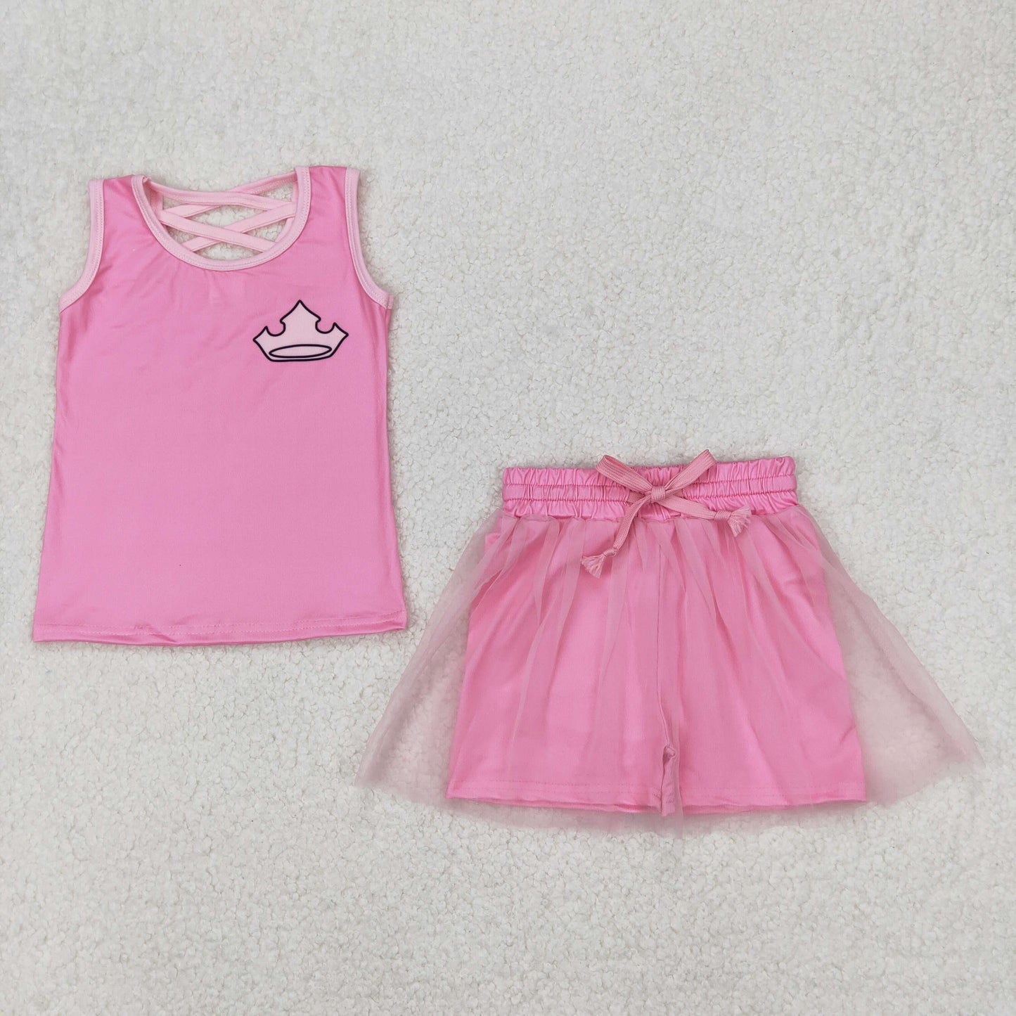 GSD2066 pure pink crown Milk silk sleeveless top skirts shorts girls boutique clothes 202503 RTS