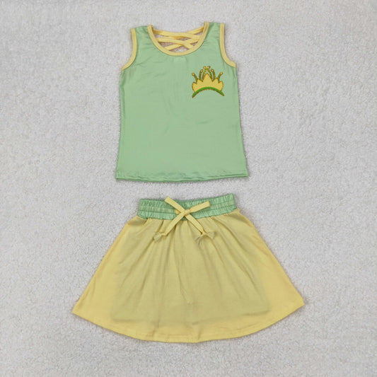 GSD2071 Yellow Green crown Milk silk sleeveless top skirts shorts sets girls boutique clothes 202503 RTS