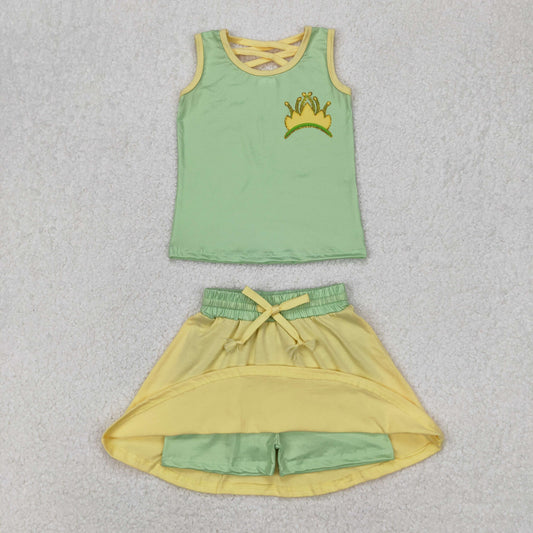 GSD2071 Yellow Green crown Milk silk sleeveless top skirts shorts sets girls boutique clothes 202503 RTS