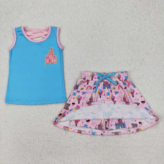 GSD2072 Blue Pink Princess Castle Milk silk sleeveless top skirts shorts Girls Boutique Summer clothes 202503 RTS